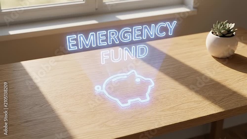 Emergency fund concept glowing piggy bank icon on wooden table near window with small potted succulent plant bright sunlight symbolizing saving money finance security