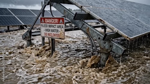 Flood impact area warning sign near solar panel installation submerged in muddy turbulent high water with splashing floodwater during stormy outdoor weather showing danger and warning