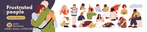 Frustrated, sad people set. Depressed disappointed men and women crying. Frus...