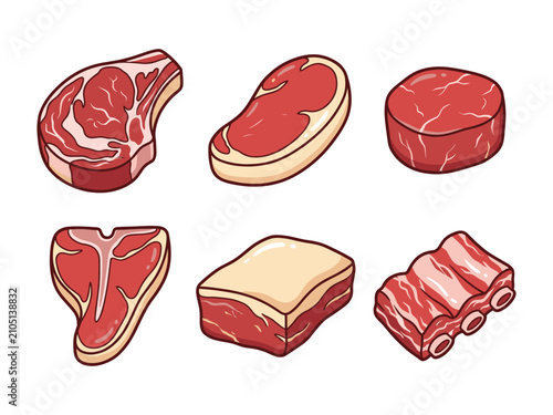 Beef Steak and Brisket Cuts Collection Vector Illustration, Premium Butcher Meat Set for Restaurant Menu