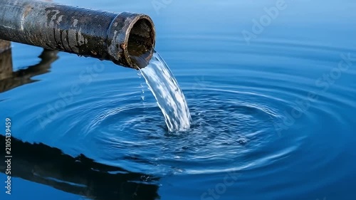 Water flowing from old pipe into calm blue liquid surface creating ripple flow and reflection in peaceful outdoor environment with clean fresh movement and transparent fluid