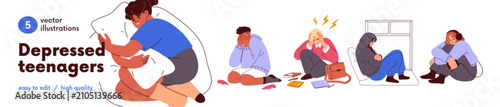 Sad depressed teenagers with psychology problems set. Upset teen characters i...
