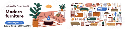 Modern home interior, furniture set. Apartment room items, decoration - sofa,...