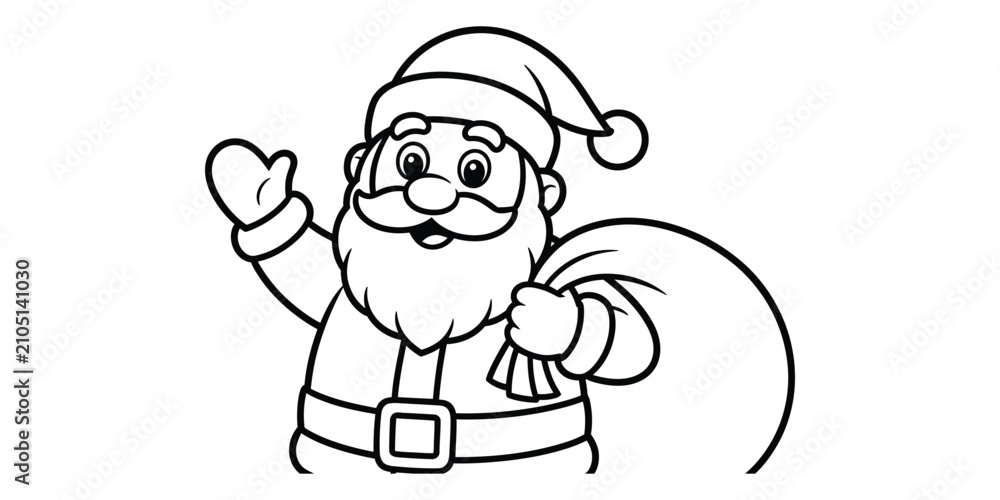 Fototapeta premium Cute santa claus waving hand and holding a gift bag drawing