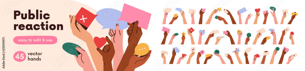Obraz premium Hands hold speech bubbles, emoji, heart, message set. People giving opinion, sharing feedback. Abstract comments, ideas and review, communication. Flat vector illustration isolated on white background