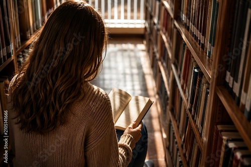 Young woman reading a book in a sunlit library aisle with rows of aged books