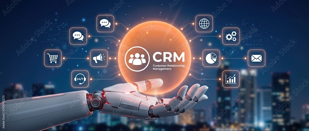 Fototapeta premium Futuristic robotic hand interacting with a glowing crm symbol representing advanced customer relationship management technology in a modern urban setting at night.