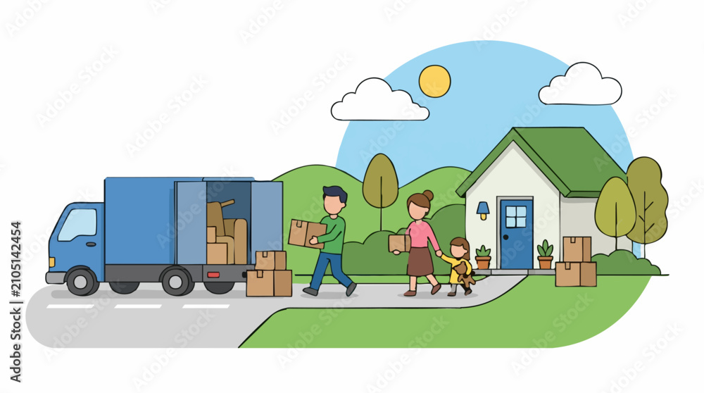 Naklejka premium Family moving into new house with moving truck and boxes