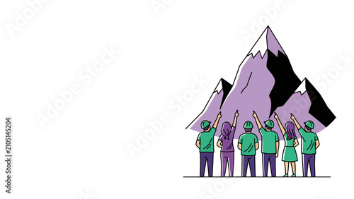 Professional team and engineers pointing toward mountain peak, symbolizing shared goals and strategic vision.