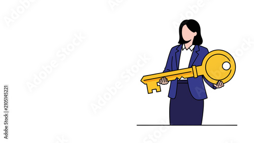 Businesswoman Holding Large Golden Key for Success and Opportunity Vector Illustration