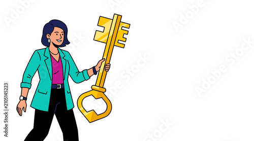 Businesswoman Holding Large Golden Key Concept of Success and Achievement Vector Illustration