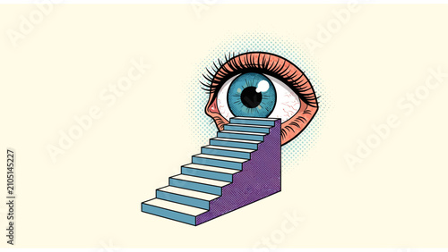 Pop art eye illustration with stairs leading into the pupil, symbolizing vision and inner perspective.