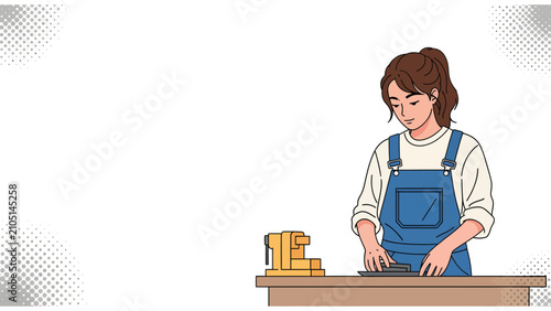 Young Female Artisan in Overalls Working at Workbench Illustration with Copy Space