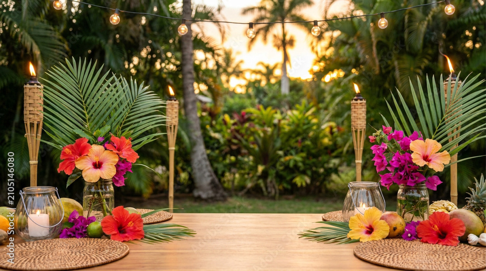 Fototapeta premium Tropical dining table setting featuring colorful hibiscus flowers and tiki torches in a lush garden background during a warm and beautiful golden hour sunset light