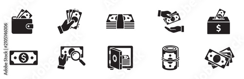 Money, finance, and banking transaction icon set. Hands giving cash, wallet with bills, coin stack, secure safe box, dollar note with magnifying glass, and donation box. Vector illustration.
