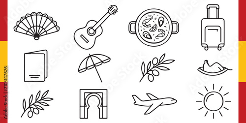 Premium Spain Travel Icons Vector Set with Flamenco Fan Guitar Paella Olive Branch Airplane Sun Suitcase and Landmark Outline Collection