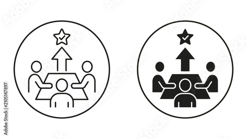 Team collaboration and strategic planning meeting flat line icons with planning