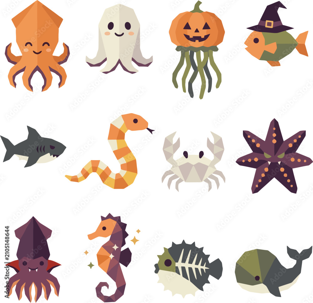 Fototapeta premium Collection of cute polygonal sea creatures and halloween ocean themed graphic illustrations.