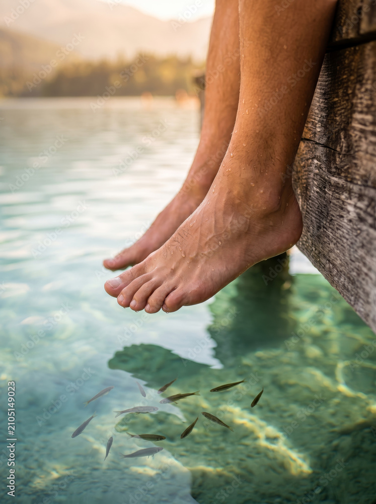 Fototapeta premium Close Up of Feet Dangling Off Wooden Dock Into Crystal Clear Lake
