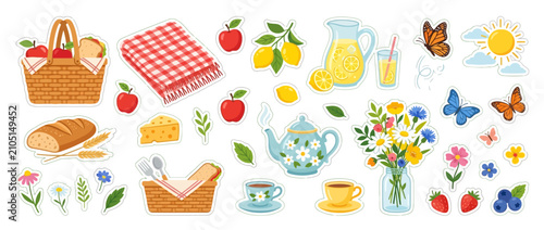 Set of Cute Picnic Stickers Featuring Food Basket Drinks and Outdoor Elements