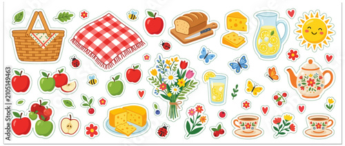 Flat Vector Illustration of Picnic Sticker Set for Scrapbooking and Planning
