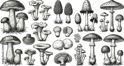 Bild auf Leinwand Vintage Mushroom Botanical Collection Hand Drawn Vector Set