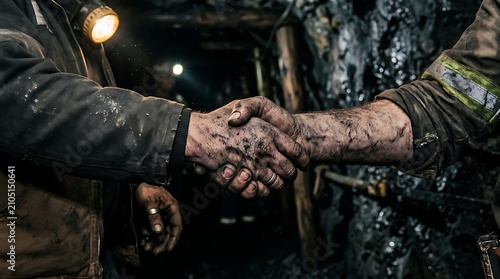 Coal miners shaking hands underground. Industrial workers making a deal in a dark mine.