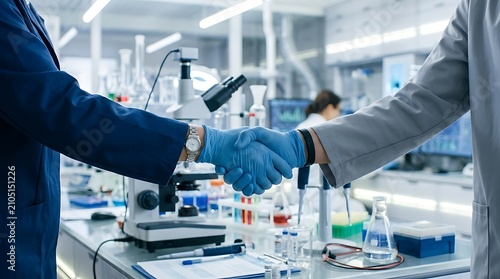Scientists shaking hands in laboratory. Researchers making a deal in a science facility.