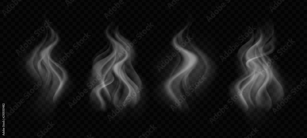 Fototapeta premium Steam from hot coffee cup with realistic smoke effect. White campfire fume swirls isolated on black background. Magic vapor and transparent water mist for food and drink design overlays.