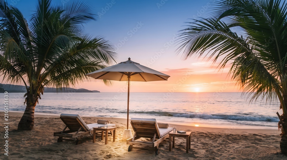 Obraz premium Relaxing sunset view with two wooden lounge chairs and umbrella on a tropical sandy beach shore
