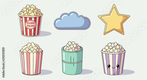 Popcorn cups cloud star and tub cartoon scene
