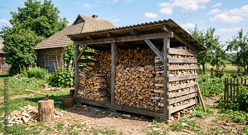 Outdoor wooden woodshed filled with chopped firewood logs in rural countryside backyard