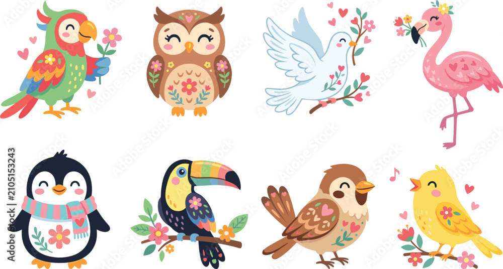 Fototapeta premium Colorful cartoon birds including parrot, owl, dove, flamingo, penguin, toucan, sparrow, and canary illustration