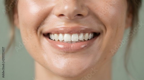 Close-up of a smiling woman with natural makeup and healthy teeth
