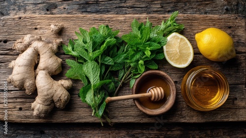 Ginger Root with Fresh Mint and Lemon, Honey Dipper and Jar on Rustic Wooden Table for Natural Wellness Concept