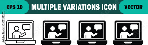 Online presentation and webinar icon set showing a person on a screen with a speech bubble for remote learning, education