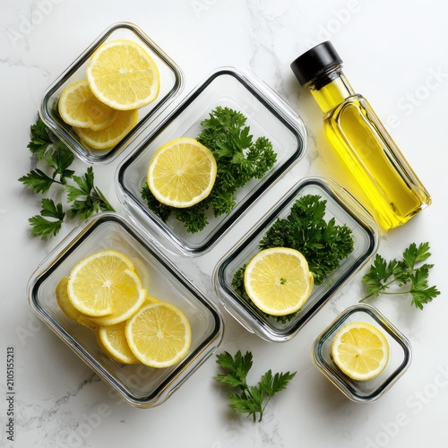 Lemon Slices in Containers with Herbs and Oil Bottle on a White Surface Featuring Container, Parsley, Glass with Fresh and Citrus
