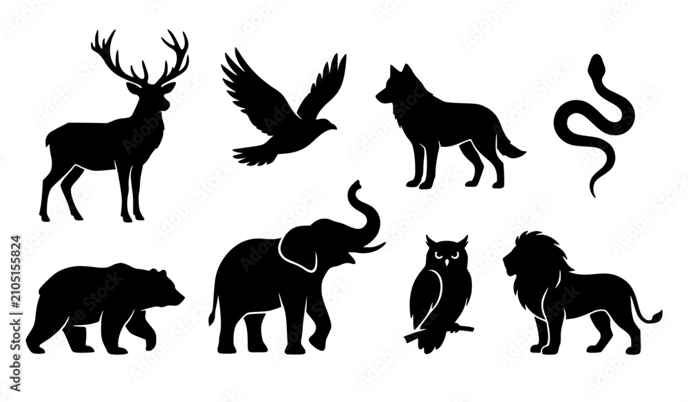 Obraz premium Premium Black Animal Silhouette Set with Forest and Safari Wildlife Vector Illustrations