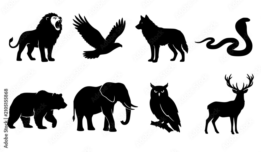 Obraz premium Wildlife Animal Silhouette Vector Collection Featuring Lion Bear Wolf Deer Owl Bird Snake and Elephant