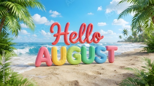 Hello August text on tropical beach with palm trees and ocean