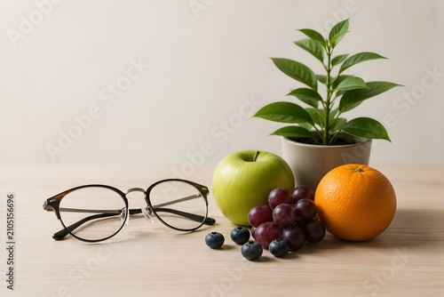 Fresh fruit and eyeglasses on a wooden table with a potted plant