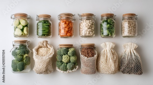 Jar with Dried Vegetables and Grains Arranged in Reusable Glass Containers for Sustainable Food Storage Concept