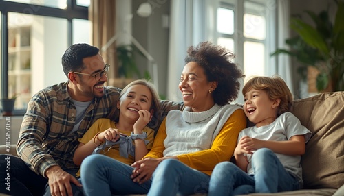 Happy diverse family laughing and spending time together at home with laughing children lifestyle childhood togetherness happiness domestic generation parenting interaction relationship