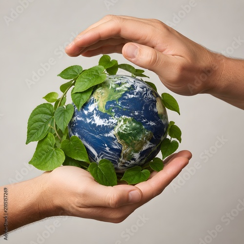 Human hands holding planet earth wrapped in green leaves
