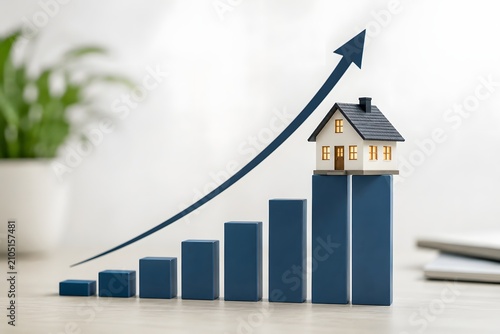 Miniature house on a rising real estate market growth chart