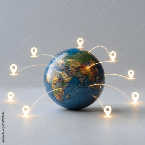 Globe with glowing location pins representing global connectivity