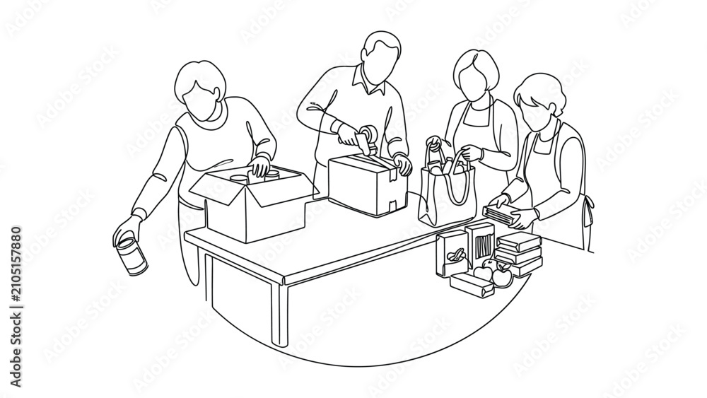 Fototapeta premium Group of volunteers packing food donations for charity