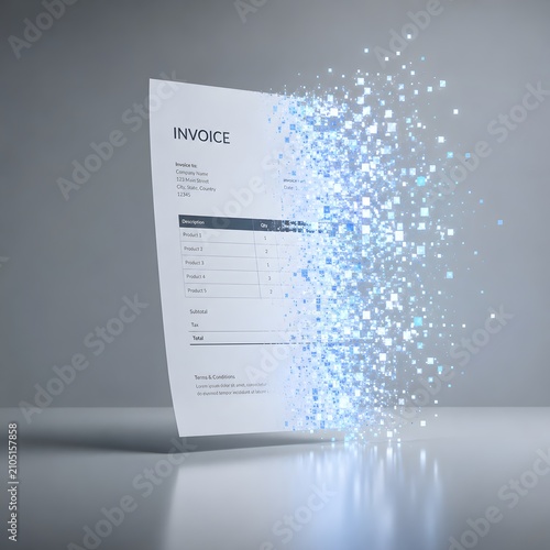 Digital invoice transforming into abstract blue data particles