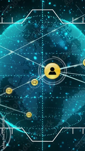 Vertical video: Yellow center node appearing, pulsing, linking as globe rotating, forming network