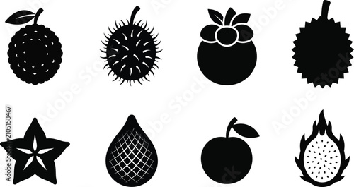 Fotografía Tropical Exotic Fruit Icon Set - Black Silhouette Vector Illustration of Durian, Dragon Fruit, Mangosteen, Rambutan, Lychee, Starfruit, Snake Fruit and Salak for Web and Graphic Design